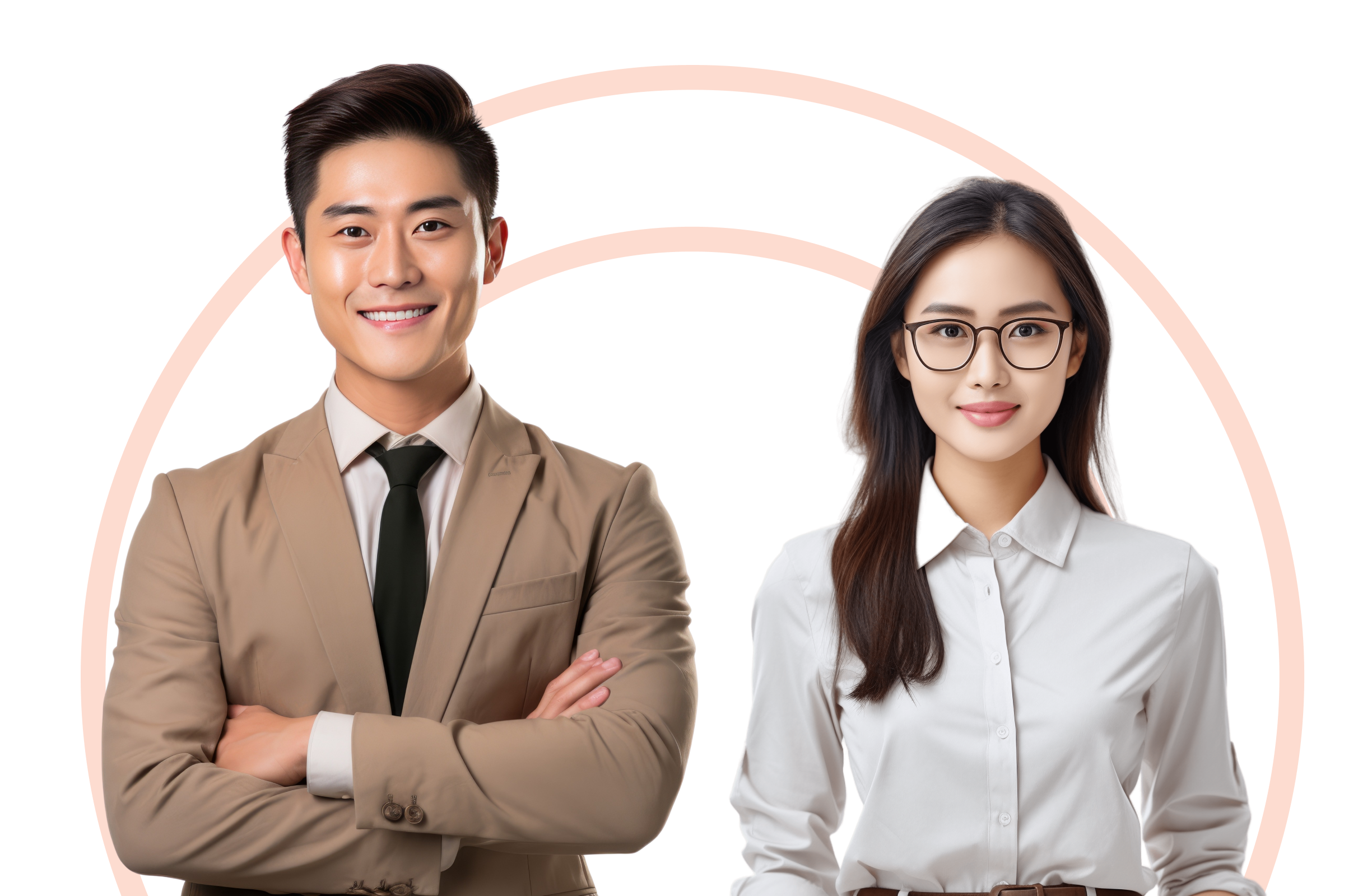 Professional man and woman in business attire with confident expressions, standing side by side, representing Sumo Credit as a credible licensed money lender in Singapore.